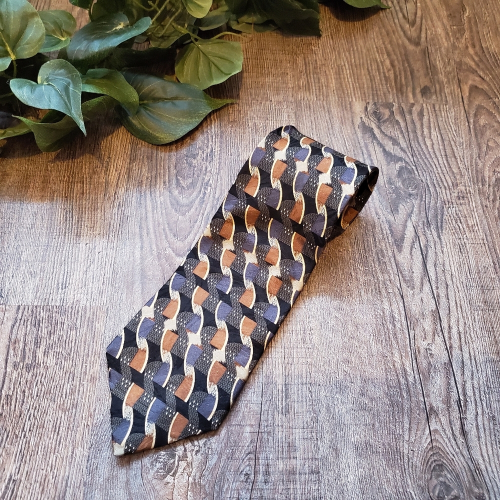 L'Homme Silk Tie Abstract Multicolor Print Career Professional Vintage Brown